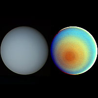 <p>
	These two pictures of Uranus -- one in true color (left) and the other in false color -- were compiled from images returned Jan. 17, 1986, by the narrow-angle camera of Voyager 2. Image credit: NASA/JPL</p>
