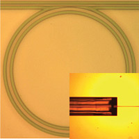 <p>
	Researchers have created a tiny 'microring resonator,' at center, small enough to fit on a computer chip. The device converts continuous laser light into numerous ultrashort pulses, a technology that might have applications in more advanced sensors, communications systems and laboratory instruments. At lower right is a grooved structure that holds an optical fiber leading into the device.</p>
<p>
	(Birck Nanotechnology Center, Purdue University)</p>
