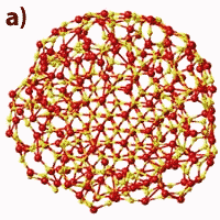 Molecular dynamics predictions of the structure of a 3 nanometer zinc sulphide (ZnS) nanoparticle without water bound to the surface (a) and with surface-bound water (b). The cross-section through the nanoparticle, which contains some 700 atoms, shows that in the absence of water ligands on the surface, the outer shell is severely distorted. Sulfur atoms are yellow, zinc are red, oxygen are blue, hydrogen are light blue. (Banfield lab/UC Berkeley)
