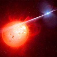 <p>This artist’s impression shows the strange object AR Scorpii. In this unique double star a rapidly spinning white dwarf star (right) powers electrons up to almost the speed of light. These high energy particles release blasts of radiation that lash the companion red dwarf star (left) and cause the entire system to pulse dramatically every 1.97 minutes with radiation ranging from the ultraviolet to radio.</p>

<p>Credit: M. Garlick/University of Warwick, ESA/Hubble</p>
