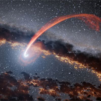 <p>This illustration shows a glowing stream of material from a star as it is being devoured by a supermassive black hole in a tidal disruption flare.</p>

<p>When a star passes within a certain distance of a black hole -- close enough to be gravitationally disrupted -- the stellar material gets stretched and compressed as it falls into the black hole. In the process of being accreted, the gas heats up and creates a lot of optical and ultraviolet light, which destroys nearby dust but merely heats dust further out. The farther dust that is heated emits a large amount of infrared light. In recent years, a few dozen such flares have been discovered, but they are not well understood.</p>

<p>Astronomers gained new insights into tidal disruption flares thanks to data from NASA's Wide-field Infrared Survey Explorer (WISE). Studies using WISE data characterized tidal disruption flares by studying how surrounding dust absorbs and re-emits their light, like echoes. This approach allowed scientists to measure the energy of flares from stellar tidal disruption events more precisely than ever before.</p>

<p>JPL manages and operates WISE for NASA's Science Mission Directorate in Washington. The spacecraft was put into hibernation mode in 2011, after it scanned the entire sky twice, thereby completing its main objectives. In September 2013, WISE was reactivated, renamed NEOWISE and assigned a new mission to assist NASA's efforts to identify potentially hazardous near-Earth objects.</p>

<p>Image credit: NASA/JPL-Caltech</p>
