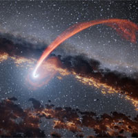 <p>This illustration shows a glowing stream of material from a star as it is being devoured by a supermassive black hole in a tidal disruption flare.</p>

<p>When a star passes within a certain distance of a black hole -- close enough to be gravitationally disrupted -- the stellar material gets stretched and compressed as it falls into the black hole. In the process of being accreted, the gas heats up and creates a lot of optical and ultraviolet light, which destroys nearby dust but merely heats dust further out. The farther dust that is heated emits a large amount of infrared light. In recent years, a few dozen such flares have been discovered, but they are not well understood.</p>

<p>Astronomers gained new insights into tidal disruption flares thanks to data from NASA's Wide-field Infrared Survey Explorer (WISE). Studies using WISE data characterized tidal disruption flares by studying how surrounding dust absorbs and re-emits their light, like echoes. This approach allowed scientists to measure the energy of flares from stellar tidal disruption events more precisely than ever before.</p>

<p>JPL manages and operates WISE for NASA's Science Mission Directorate in Washington. The spacecraft was put into hibernation mode in 2011, after it scanned the entire sky twice, thereby completing its main objectives. In September 2013, WISE was reactivated, renamed NEOWISE and assigned a new mission to assist NASA's efforts to identify potentially hazardous near-Earth objects.</p>

<p>Image credit: NASA/JPL-Caltech</p>
