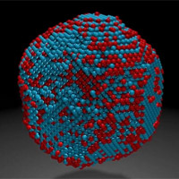 <p>3-D visualization of chemically-ordered phases in an iron-platinum (FePt) nanoparticle. Using the Titan supercomputer at the Oak Ridge Leadership Computing Facility, researchers from Oak Ridge National Laboratory simulated the magnetic properties of strongly magnetic phases in the FePt nanoparticle using the precise 3-D atomistic structure obtained by researchers at University of California, Los Angeles and Lawrence Berkeley National Laboratory (Berkeley Lab). Video credit to Colin Ophus, Berkeley Lab. Video courtesy of Nature.</p>
