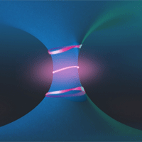 <p>A drawing illustrates the unusual topological landscape around a pair of features known as exceptional points (red dots), showing the emergence of a Fermi arc (pink line at center), and exotic polarization contours that form a Mobius-strip-like texture (top and bottom strips).</p>

<p>Courtesy: MIT</p>
