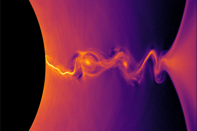 <p>This visualization of a general-relativistic collisionless plasma simulation shows the density of positrons near the event horizon of a rotating black hole. Plasma instabilities produce island-like structures in the region of intense electric current. (Credit: Kyle Parfrey et al./Berkeley Lab)</p>
