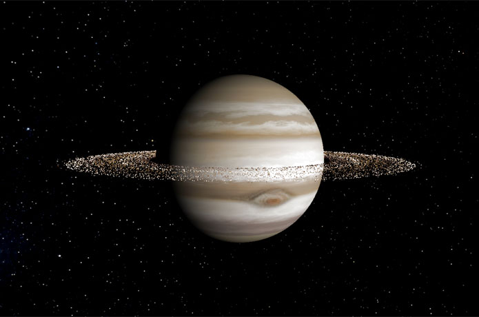 <p>Artist rendering of Jupiter with rings that rival Saturn's. (Stephen Kane/UCR)</p>
