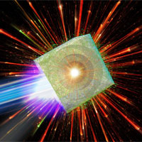 <p>Schematic view of a bubble implosion, which is an envisioned picture showing the whole main events integrated, i.e., laser illumination, hot electron spread, implosion, and proton flash. (credit/ M. Murakami)</p>
