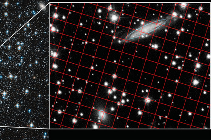 <p>On the left is a Hubble Space Telescope image of a portion of the globular star cluster NGC 5466. On the right, Hubble images taken ten years apart were compared to clock the cluster's velocity. A grid in the background helps to illustrate the stellar motion in the foreground cluster (located 52,000 light-years away). Notice that background galaxies (top right of center, bottom left of center) do not appear to move because they are so much farther away, many millions of light-years.</p>

<p>Credits: NASA, ESA and S.T. Sohn and J. DePasquale (STScI)</p>
