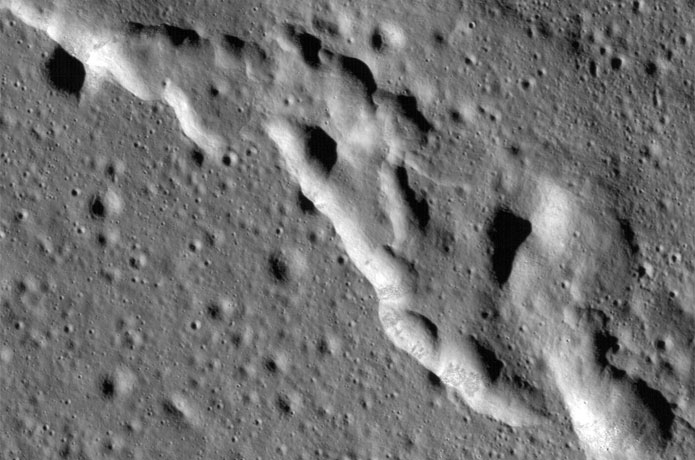 <p>Wrinkle ridges in a region of the Moon called Mare Frigoris. This image was taken by NASA's Lunar Reconnaissance Orbiter (LRO).</p>

<p>Image courtesy: NASA</p>
