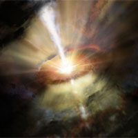 <p>This illustration depicts the view from outside of a rapidly-accreting black hole. The bright light toward the center represents the super-heating of gas as it falls onto the black hole. Emanating from the center is a jet of accelerated particles moving near the speed of light. Surrounding the black hold is cool, clumpy gas and dust, which are falling inwards and will eventually join the material accreting onto the black hole.</p>

<p>Image: NRAO/AUI/NSF and Dana Berry/SkyWorks</p>
