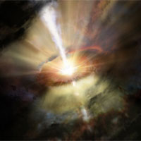 <p>This illustration depicts the view from outside of a rapidly-accreting black hole. The bright light toward the center represents the super-heating of gas as it falls onto the black hole. Emanating from the center is a jet of accelerated particles moving near the speed of light. Surrounding the black hold is cool, clumpy gas and dust, which are falling inwards and will eventually join the material accreting onto the black hole.</p>

<p>Image: NRAO/AUI/NSF and Dana Berry/SkyWorks</p>
