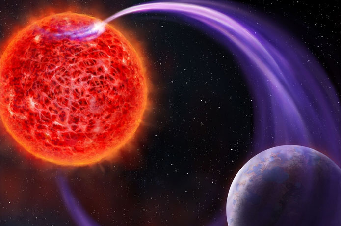 <p>Red Dwarf Interaction</p>

<p>Artistic impression of a red-dwarf star’s magnetic interaction with its exoplanet. Image credit: Danielle Futselaar (artsource.nl)</p>
