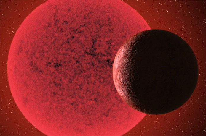 <p>Artistic impression of the super-Earth in orbit round the red dwarf star GJ-740. Credit: Gabriel Pérez Díaz, SMM (IAC).</p>
