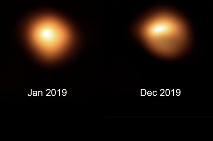 <p>This comparison image shows the star Betelgeuse before and after its unprecedented dimming. The observations, taken with the SPHERE instrument on ESO’s Very Large Telescope in January and December 2019, show how much the star has faded and how its apparent shape has changed.</p>

<p>Credit: ESO/M. Montargès et al.</p>
