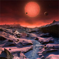 <p>This artist’s impression shows an imagined view from the surface one of the three planets orbiting an ultracool dwarf star just 40 light-years from Earth that were discovered using the TRAPPIST telescope at ESO’s La Silla Observatory. These worlds have sizes and temperatures similar to those of Venus and Earth and are the best targets found so far for the search for life outside the Solar System. They are the first planets ever discovered around such a tiny and dim star.</p>

<p>In this view one of the inner planets is seen in transit across the disc of its tiny and dim parent star.</p>

<p>Credit: ESO/M. Kornmesser</p>
