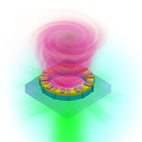 <p>The image above shows vortex laser on a chip. Because the laser beam travels in a corkscrew pattern, encoding information into different vortex twists, it’s able to carry 10 times or more the amount of information than that of conventional lasers.<br />
Credit: University at Buffalo.</p>
